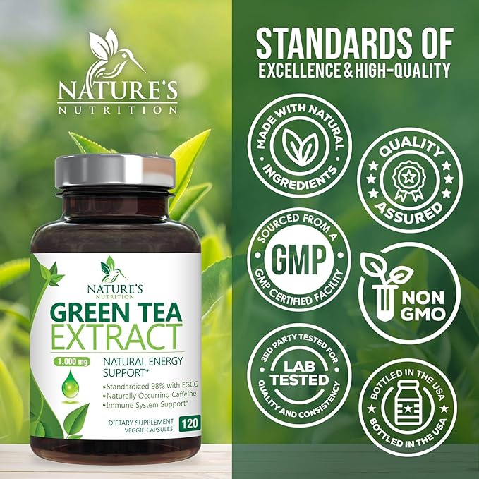 Green Tea Extract Capsules 1000mg 98% Standardized EGCG - 3X Strength for Natural Energy - Heart Support with Polyphenols - Gentle Caffeine - 120 Capsules