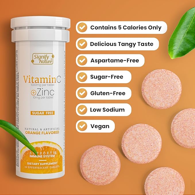 SIGNIFY NATURE Vitamin C 1000mg Effervescent Tablets - Potent Immune Support VIT C with Zinc Supplement - Sugar-Free & Vegan Formula | Dissolvable Vitamin C Tablets - Water Soluble Fizzy Elixir - 80CT