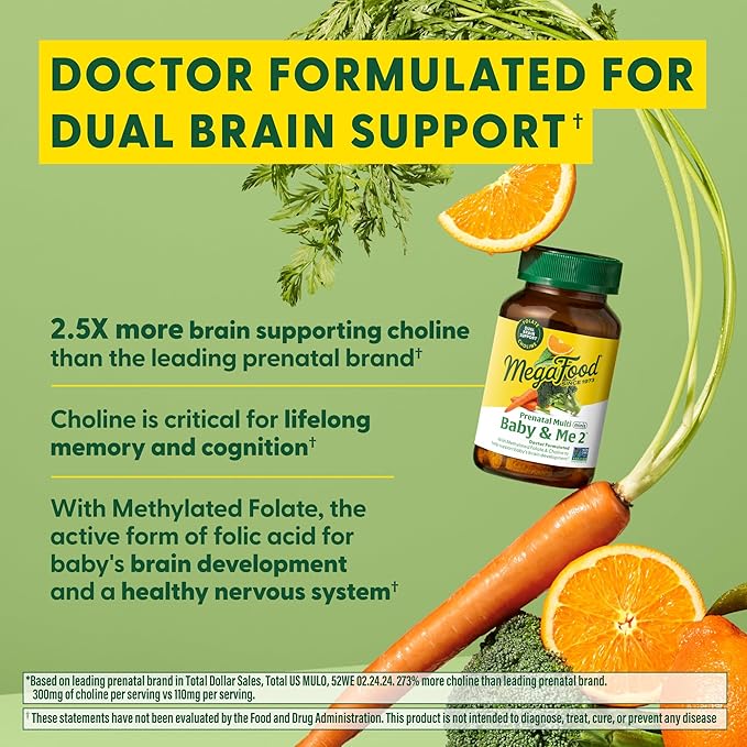 MegaFood Baby & Me 2 Prenatal Vitamin & Minerals - Vitamins for Women - with Folate (Folic Acid Natural Form), Choline, Iron, Iodine, Vitamin C, Vitamin D and More - 120 Mini Tabs (30 Servings)