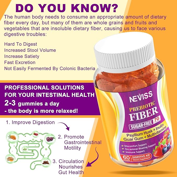 Prebiotic Fiber Gummies for Adults 7G with Psyllium Husk Fiber , Soluble Fiber + Insoluble Fiber, Inulin, Fos, Multivitamin Supplement for Daily Digestive Health, Regularity Gut, Sugar Free, Pack of 2