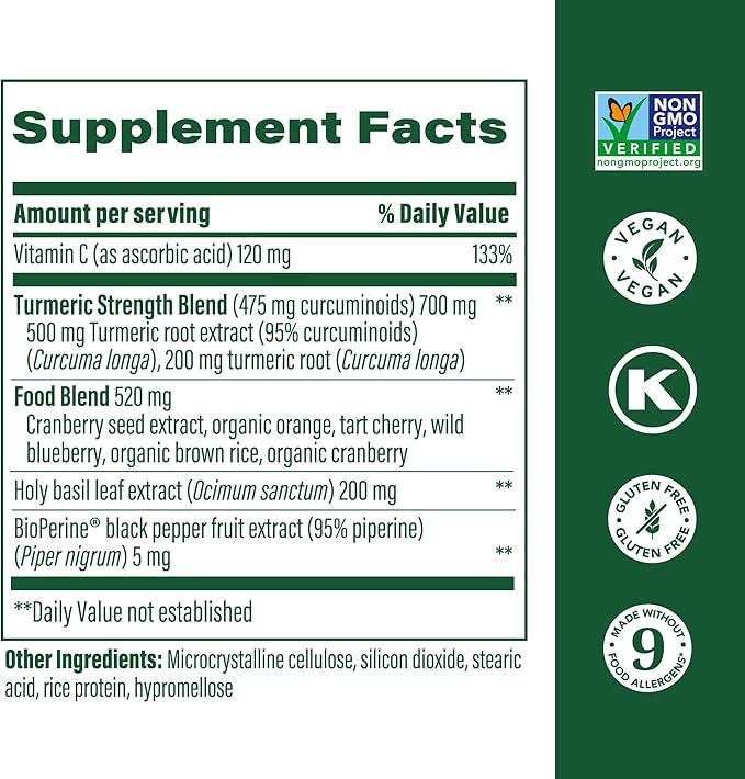 MegaFood Turmeric Curcumin Extra Strength - Whole Body - Turmeric Curcumin with Black Pepper - 475mg Curcuminoids - Holy Basil, Tart Cherry - Made Without 9 Food Allergens - 90 Tabs (45 Servings)