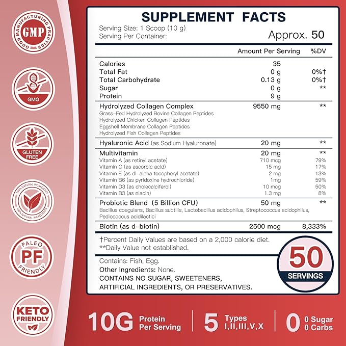 Multi-Collagen-Peptide-Powder with Probiotics, 50 Servings of Hydrolyzed Collagen Peptides with Hyaluronic Acid, Biotin & Multivitamins - Supports Skin, Hair, Nails Health