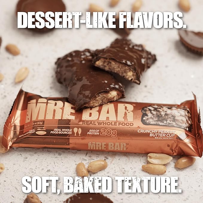 REDCON1 MRE Protein Bar, Crunchy Peanut Butter Cup - Contains MCT Oil + 20g of Whole Food Protein - Easily Digestible, Macro Balanced Low Sugar Meal Replacement Bar (12 Bars)
