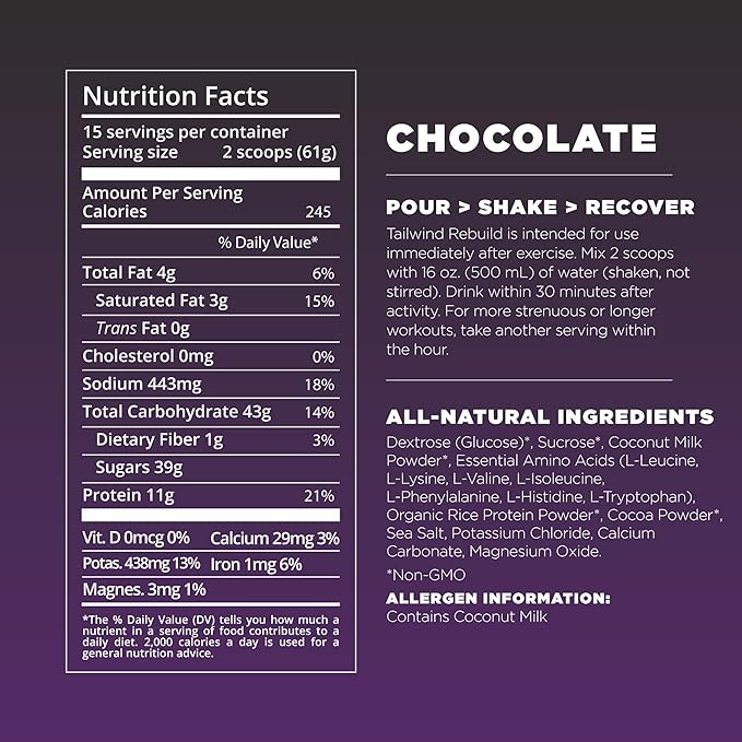Tailwind Nutrition Recovery Mix, Complete Protein, Carbohydrates, and Electrolytes Powder Drink Mix for Post-Workout, Free of Gluten, Soy, and Dairy, Vegan, 15 Servings, Chocolate