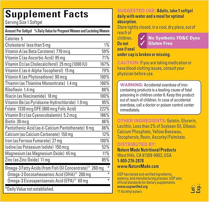 Nature Made Prenatal with Folic Acid + DHA, Prenatal Vitamin and Mineral Supplement for Daily Nutritional Support, 90 Softgels, 90 Day Supply