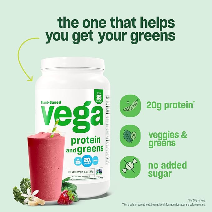 Vega Protein and Greens Protein Powder, Vanilla - 20g Plant Based Protein Plus Veggies, Vegan, Non GMO, Pea Protein for Women and Men, 1.7 lbs (Packaging May Vary)
