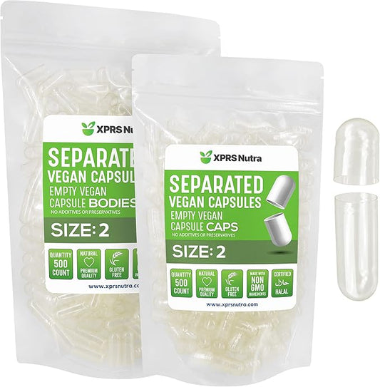 XPRS Nutra Vegan Size 2 Separated Capsules - 500 Count Premium Empty Capsules Separated in Bags - Clear Empty Capsules - Separated Empty Capsules - Pill Capsules Empty for DIY Supplement Filling