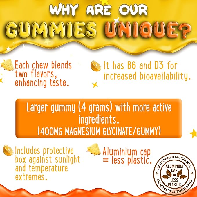 Magnesium Glycinate Gummies 400mg - Magnesium for Sleep, Calm, Relax & Muscle Relief with B6 & D3 and No Melatonin - Family-Friendly for Kids, Teens & Adults - Vegan & Non-GMO Supplement - 60 Count