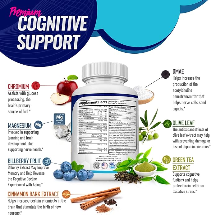 Toplux Brain Supplement Nootropic – Brain Pills Vitamin with DMAE, Bacopa Monnieri, L-Gutamine, for Men Women, 60 Capsules, Nutrition
