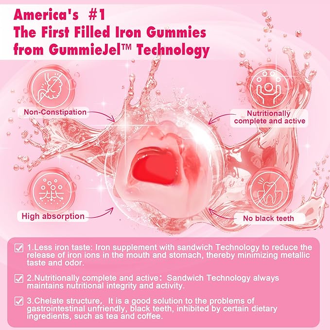 Iron Bisglycinate 26mg Filled Gummies- Gentle Beet Root Iron Gummy plus Vitamin C, Supplement Iron with B12 & Folate for Women & Men, Iron Deficiency, Immune & Energy Support, Sugar-Free, Vegan,120Cts