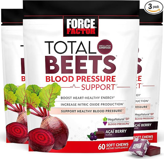 FORCE FACTOR Total Beets Blood Pressure Support Supplement, Beets Supplements with Beets Powder, Great-Tasting Beets Chewables for Heart-Healthy Energy, and Increased Nitric Oxide, 180 Chews, 3-Pack