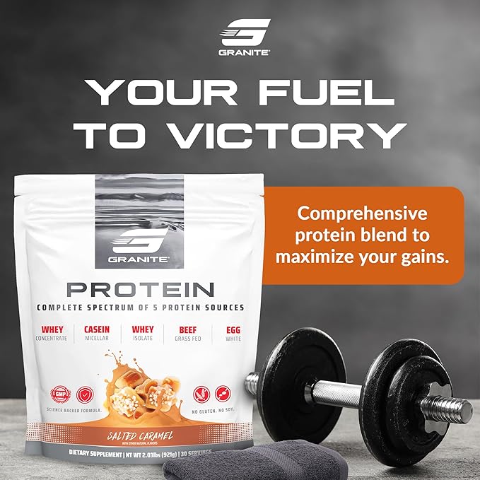 Granite Protein Powder | Whey Isolate & Concentrate| Casein for Lean Muscle Building & Workout Recovery | 30 Servings | Egg & Grass Fed Protein | 23g Protein from 5 Sources | Salted Caramel Flavor