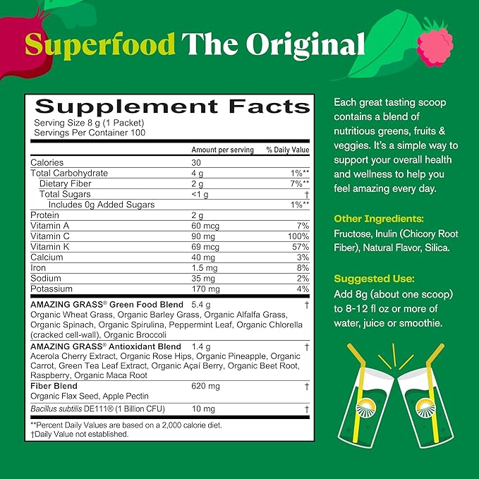 Amazing Grass Greens Superfood Powder: Greens Powder with Digestive Enzymes & Probiotics, Organic Spirulina, Chlorella, and Beet Root Powder, Original, 15 Servings