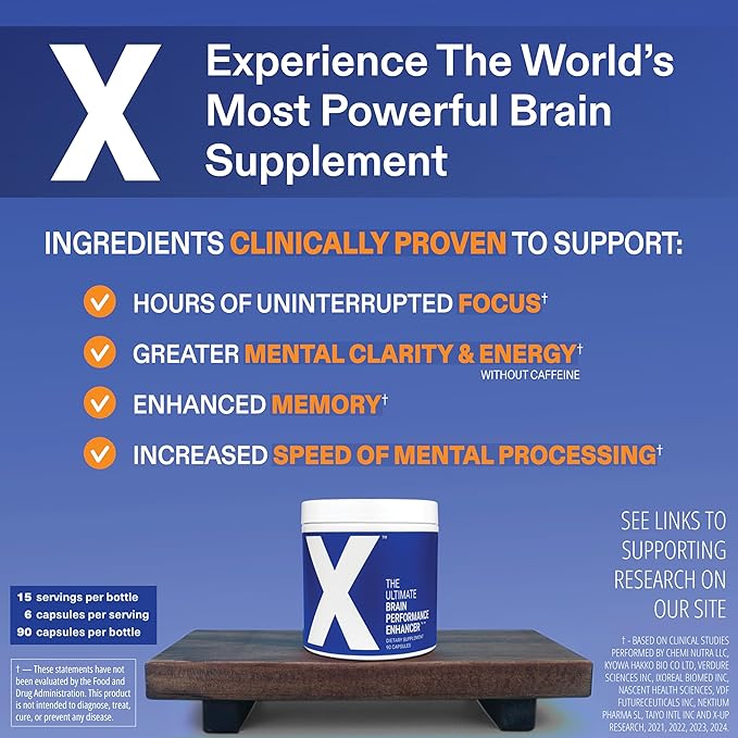 X - The Ultimate Brain Performance Enhancer — World's Most Powerful Brain Supplement Capsule - Increase Focus, Energy, Memory, Concentration, Productivity - Backed by Science - Nootropic Stack