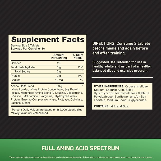Optimum Nutrition Superior Amino 2222 Tablets, Complete Essential Amino Acids, EAAs, 160 Count