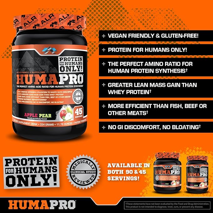 Humapro | Amino Acids Protein Matrix for Humans | 99% Utilization for Lean Muscle | Vegan, Gluten Free | 334g / 45 Servings (Apple Pear)