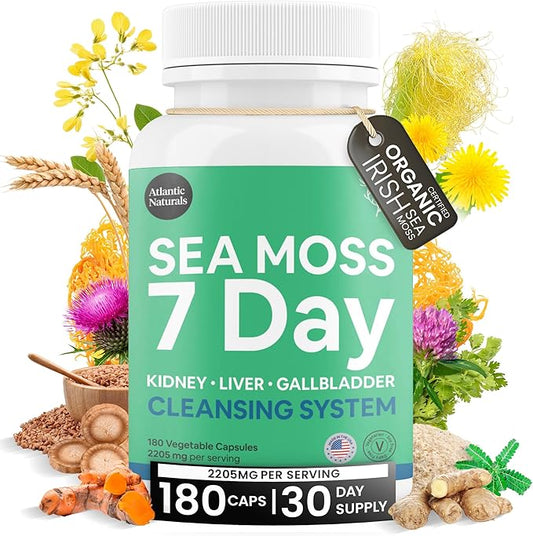 Atlantic Naturals Sea Moss 7 Day Detox Liver, Gallbladder & Kidney Cleanse Capsules- Support with Dandelion Root, Milk Thistle, Burdock Root, Red Clover, Chanca Piedra - 180 Sea Moss Capsules