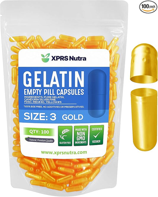 XPRS Nutra Size 3 Empty Capsules - 100 Count Empty Gelatin Capsules - Empty Pill Capsules - DIY Capsule Filling - Pure Bovine Pill Capsules Empty Gel Caps (Gold)