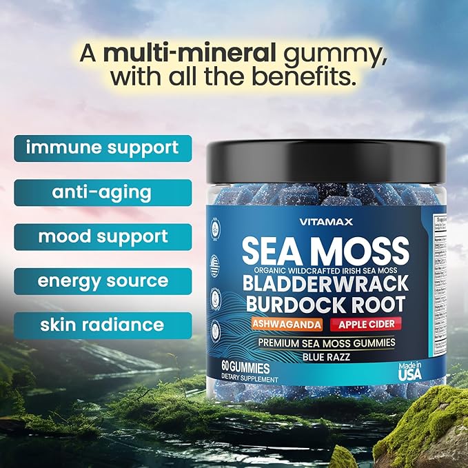 Irish Sea Moss Gummies, Sea Moss 3000mg, Bladderwrack 2000mg, Ashwagandha 800mg, Burdock Root 400mg, ACV, Non-GMO and Vegan – Made in USA – 60ct