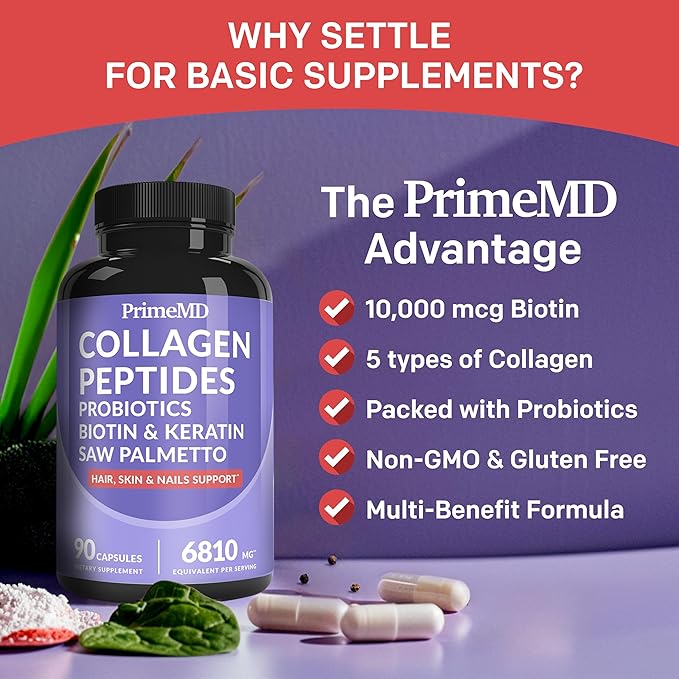 27-in-1 Hair Skin and Nails Vitamins (6810mg) w/Biotin 10000mcg - Collagen Supplements for Men and Women Hair Growth Vitamins, Keratin Supplements with Probiotics, Saw Palmetto (90 ct, Pack of 2)