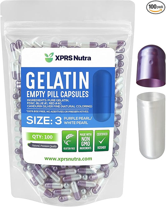 XPRS Nutra Size 3 Empty Capsules - 100 Count Empty Gelatin Capsules - Empty Pill Capsules - DIY Capsule Filling - Pure Bovine Pill Capsules Empty Gel Caps (Pearl Purple/White)