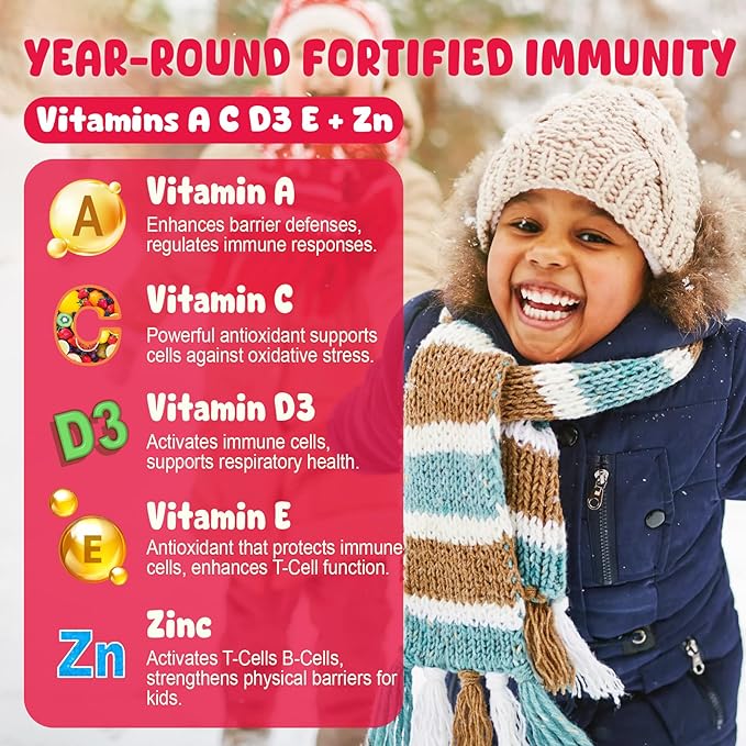 Elderberry + Vitamin C & Zinc Immune Support Gummies for Kids 4+, Omega-3, Vitamin D3, A, E, Sugar Free Daily Childrens Daily Multi Vitamins Gummy | Immunity, Eye & Brain Health | Non-GMO, 60 Count