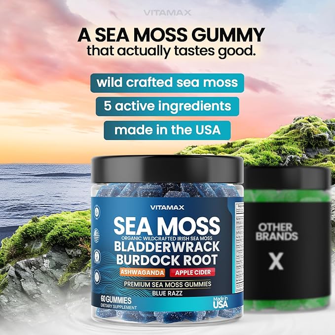 Irish Sea Moss Gummies, Sea Moss 3000mg, Bladderwrack 2000mg, Ashwagandha 800mg, Burdock Root 400mg, ACV, Non-GMO and Vegan – Made in USA – 60ct
