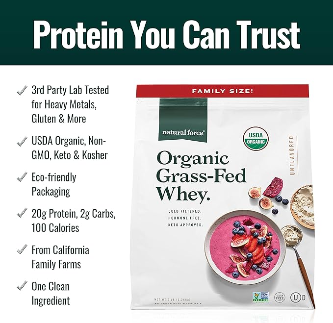 Natural Force Grass Fed Organic Whey Protein Powder – Non GMO Verified, Humane Certified & Lab Tested for Toxins – Pure & Unflavored – Keto Friendly, Low Carb, and Kosher – 5 Pound A2 Protein