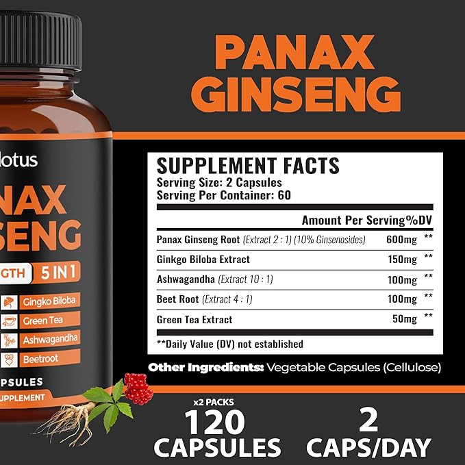 Zolotus 2 Packs Korean Red Panax Ginseng + Ginkgo Biloba, 2800mg with Ashwagandha, Beet Root, Green Tea, Boost Energy, Mood, Focused Strength, Enhanced Stamina Performance, 240 Capsules