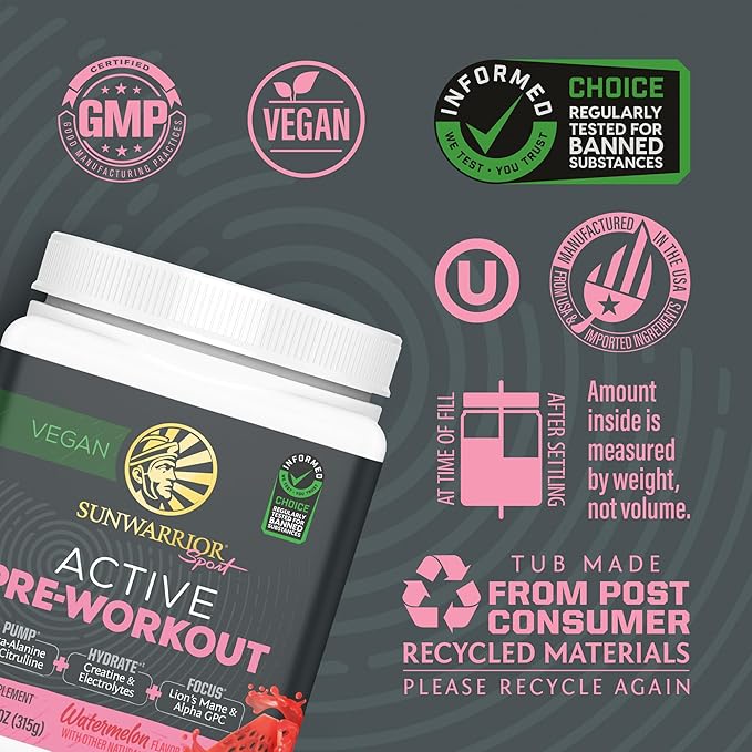 Pre Workout Powder Energy Drink Supplement | Clean Vegan Plant-Based Pre-Workout Supplement | Pump, Hydrate, Focus, Endurance & Strength Builder | Watermelon Flavored | 30 Servings | Active Preworkout