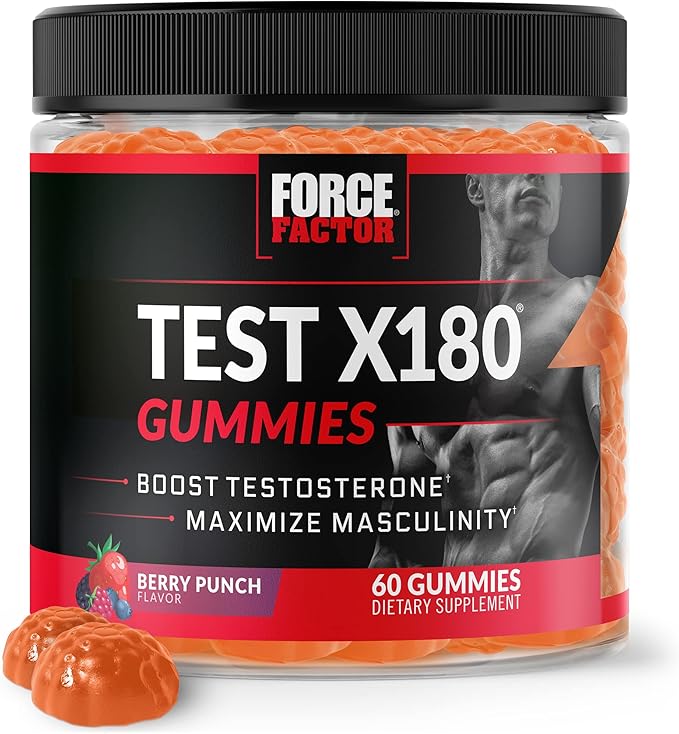 Force Factor Test X180 Gummies Testosterone Booster for Men with Tongkat Ali, Horny Goat Weed, Tribulus Terrestris, Fenugreek, & Black Maca, Supplement Men, Berry Punch, 60 Gummies, 1-Pack