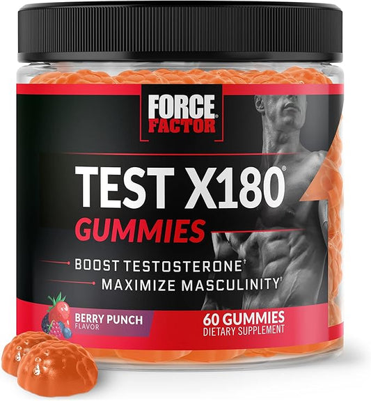 Force Factor Test X180 Gummies Testosterone Booster for Men with Tongkat Ali, Horny Goat Weed, Tribulus Terrestris, Fenugreek, & Black Maca, Supplement Men, Berry Punch, 60 Gummies, 1-Pack
