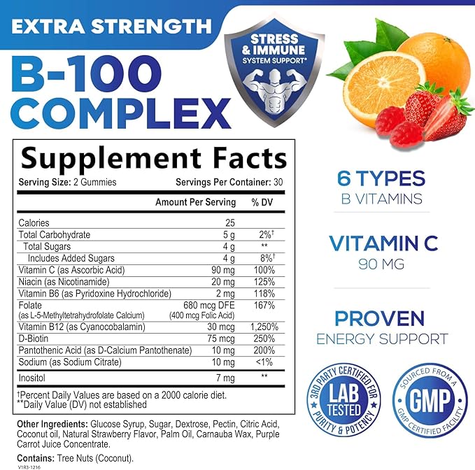 Super B Complex Gummy with Vitamin C & Folic Acid, Extra Strength Vitamin B Gummies Supplement with Niacin, B6, Folic Acid, B12, Biotin, Nature's Energy Immune Support Supplements - 60 Gummies