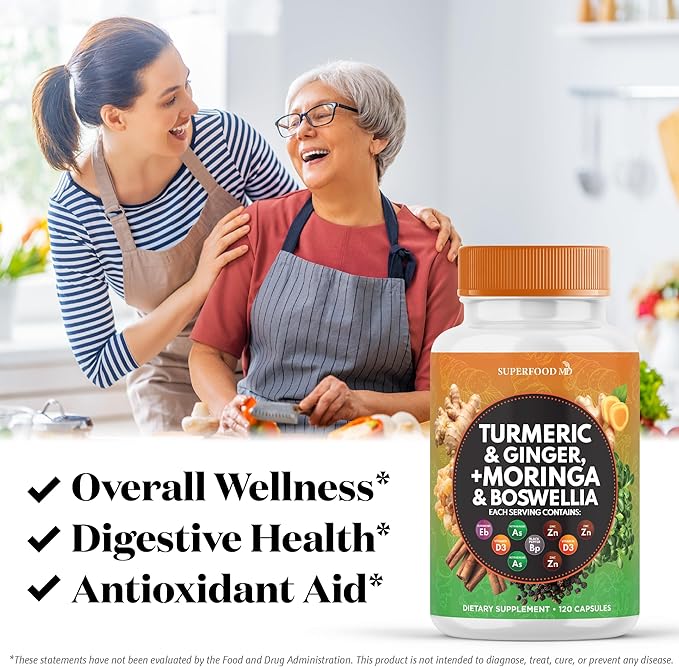 Turmeric Moringa Supplement | Ginger, Boswellia, Saffron, Holy Basil- Joint Support Supplement for Women and Men with Ceylon Cinnamon, Quercetin, Tart Cherry- 240 Count