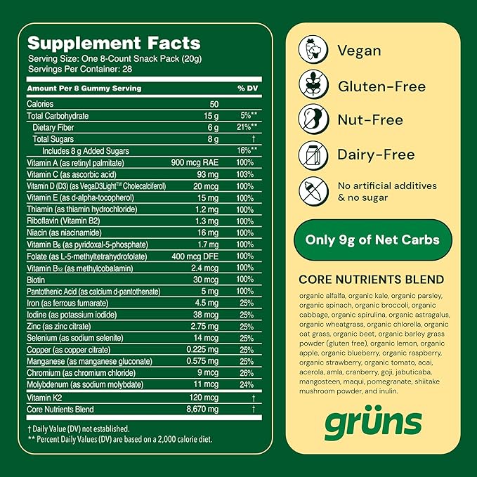 Gruns Adults Super Greens Gummies, Superfood Gummy Bears with Spirulina, Chlorella & Prebiotics for Digestive Health - Adaptogens Supplement with 20 Vitamins & Minerals, Low Sugar- 1 Month Supply