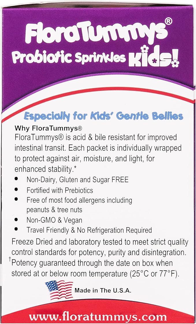 Probiotic Sprinkles for Kids: 30 Taste-Free, Powder Packets, Free of Food Allergens, Non-Dairy, Gluten Free, Sugar-Free, Non-GMO, Vegan