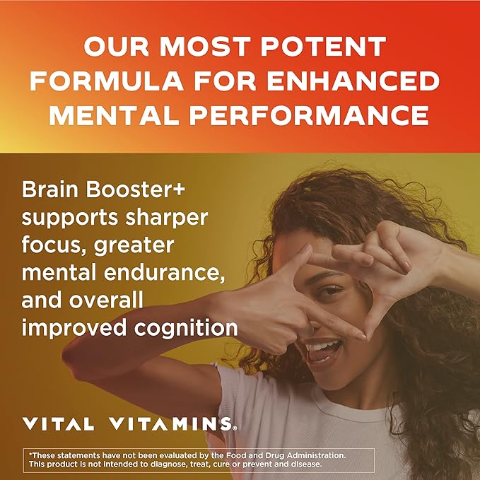 Vital Vitamins Brain Supplements for Memory & Focus - Brain Booster Plus Lion's Mane - Nootropic Brain Health - Memory, Clarity, Energy, Brain Fog - 60 Ct
