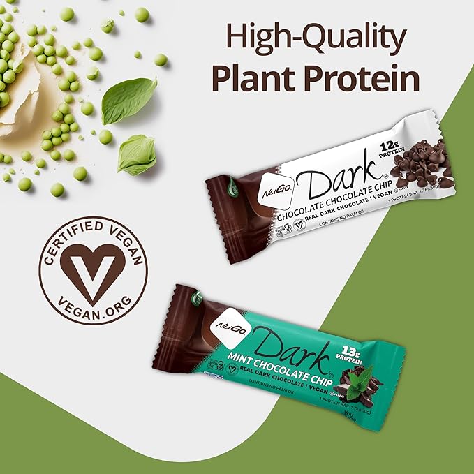 NuGo Dark Chocolate Almond With Sea Salt, 12g Vegan Protein, 200 Calorie, Gluten Free, 12 count