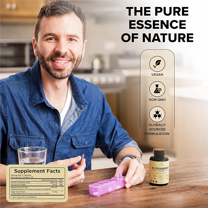 Elderberry with Vitamin C, Zinc, & Ginger – Potent Immune Booster 5000 Mg Elderberry, Zinc, & Vitamin C – Non-GMO Immunity Vitamins for Adults to Help You Feel Vibrant, 120 Caps