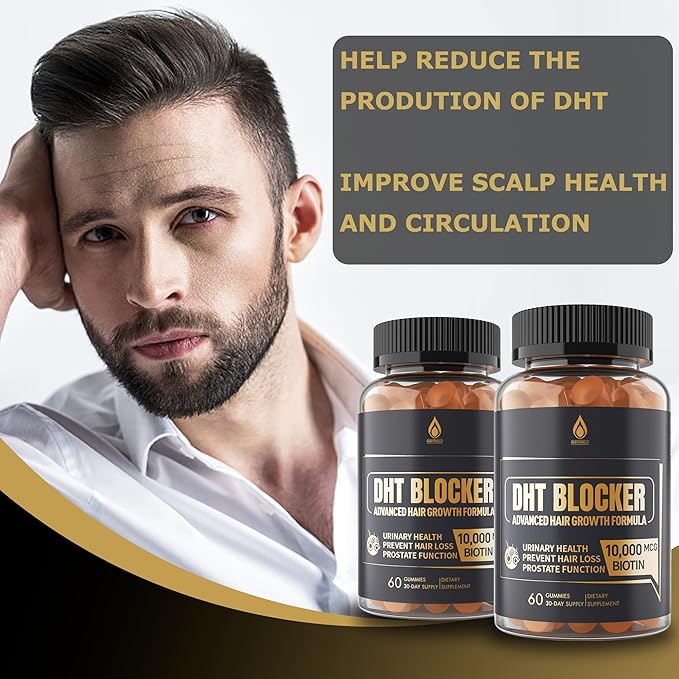DHT Blocker Gummies Hair Growth Supplement, Super Potency Saw Palmetto & Biotin 10000 mcg for Women & Men, Plus 12 Proprietary Blend - Prevent Hair Loss, Blocking DHT Receptors, 2Pc/120ct