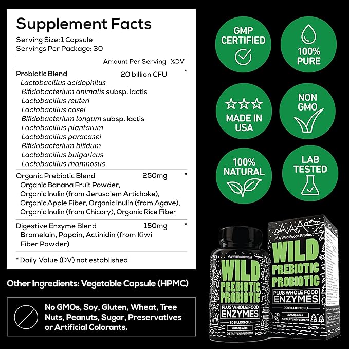 Wild Prebiotics and Probiotics with Digestive Enzymes | 20 Billion CFU - 10 Strains for Women & Men | Support Gut Health & Digestion Supplements | Non-GMO Prebiotic Fiber | 30 Count (Pack of 2)