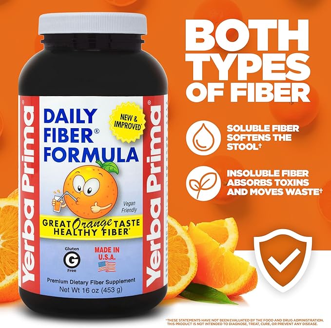 Yerba Prima Daily Fiber Formula 16 oz (Pack of 2) - Premium Dietary Fiber Supplement, Non-GMO, Gluten Free, Made in The USA, Orange Flavor