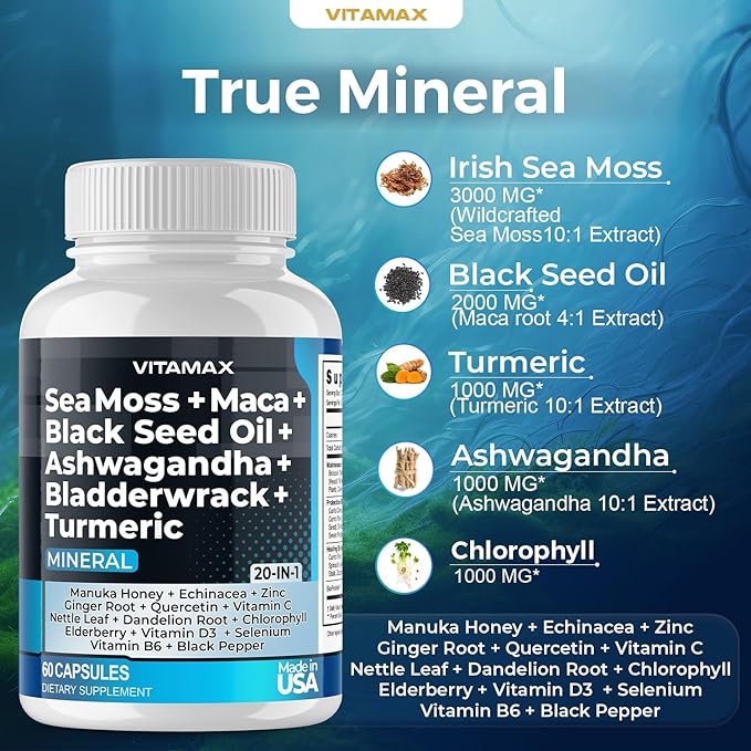 Sea Moss 3000mg Maca 1000mg Black Seed Oil 2000mg Ashwagandha 1000mg Bladderwrack, Turmeric - Manuka, Elderberry, Vitamins C & D3, Chlorophyll, Zinc, Black Pepper - Made in USA (60 Count (Pack of 2))