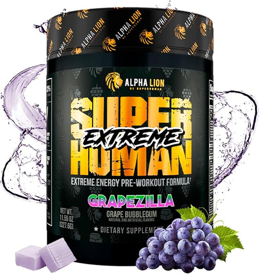 ALPHA LION Superhuman Extreme Pre Workout Powder, Beta Alanine, L-Taurine & Tri-Source Caffeine for Sustained Energy, Nitric Oxide & Citrulline for Pump (21 Servings, Grape Flavor)