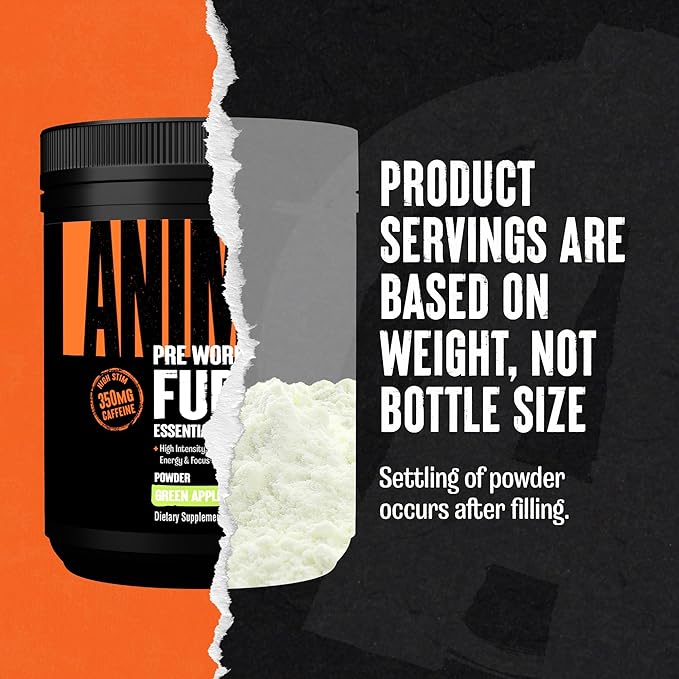 Animal Fury Pre Workout Powder - Energy and Focus Supplement with 5g BCAA, 350mg Caffeine Nitric Oxide Booster with Beta-Alanine, Preworkout for Men and Women, Green Apple Flavor, 30 Servings
