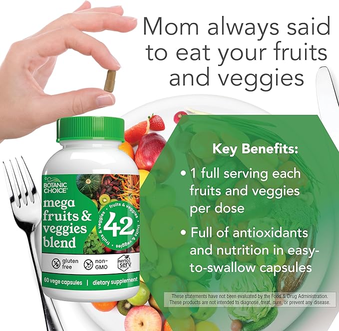 Botanic Choice Mega Fruits and Veggies Blend Total of 42 Fruit and Vegetables Like Elderberry, Chlorella, Kale Energy Balance & Superfood Vegetable Supplements for Adults - 2 Pack