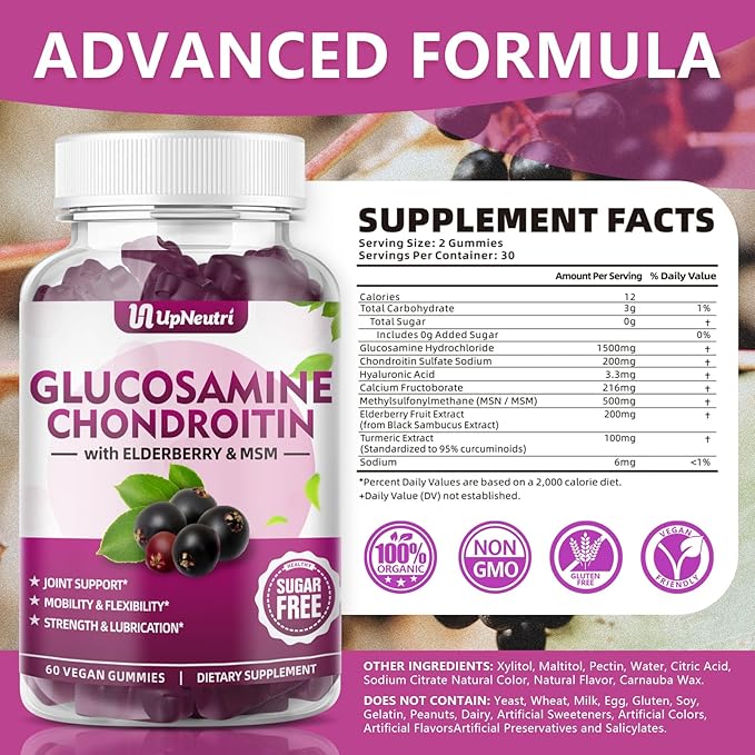 Glucosamine Chondroitin Gummies Sugar Free, Extra Strength 1500mg Glucosamine with Chondroitin MSM & Turmeric, Joint Support Supplement for Men & Women Joint Health (60 Count (Pack of 1))