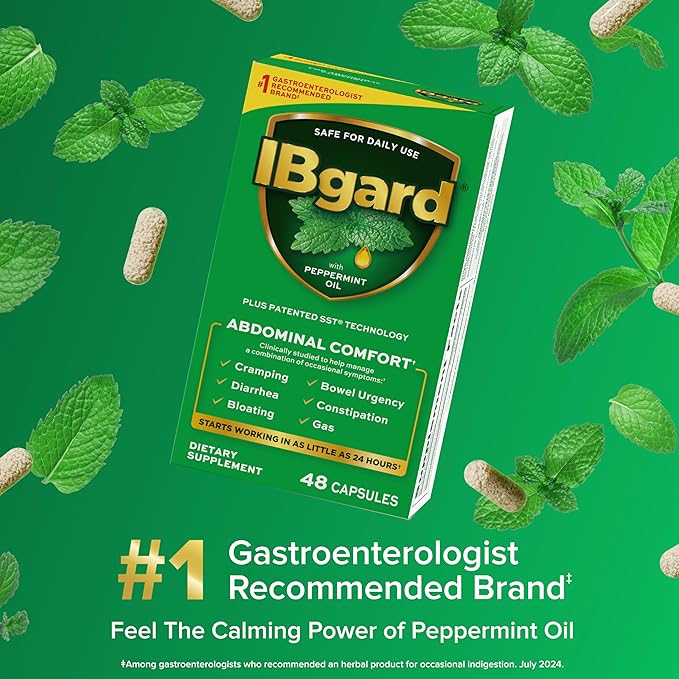 IBgard Gut Health Supplement, Peppermint Oil Capsules for Abdominal Comfort, 48 Capsules (Packaging May Vary)