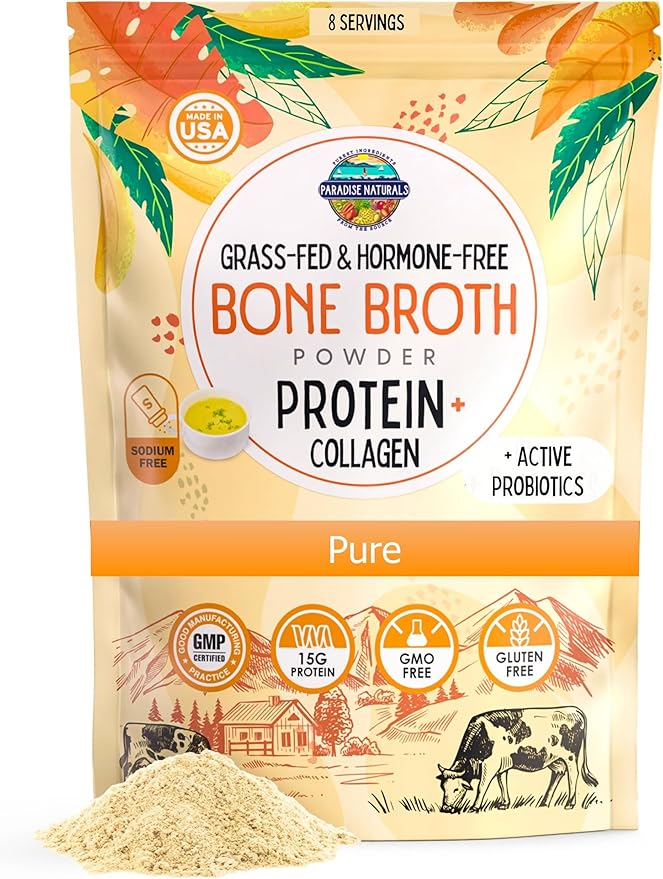 100% Grass-Fed Organic Beef Bone Broth Protein Powder, Active Probiotics, Collagen Peptide Rich, 15g Protein, Non-GMO, Low Sodium, Healthy Skin, Gut Health, Paleo Keto, No Gluten