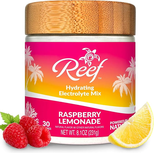 Reef Replenish Hydrating Electrolyte Drink Mix - Raspberry Lemonade, 30 Servings - Hydration Powder w/Coconut Water - Non-GMO, No Added Sugar, 5 Key Electrolytes + Vitamins, Natural Trace Minerals